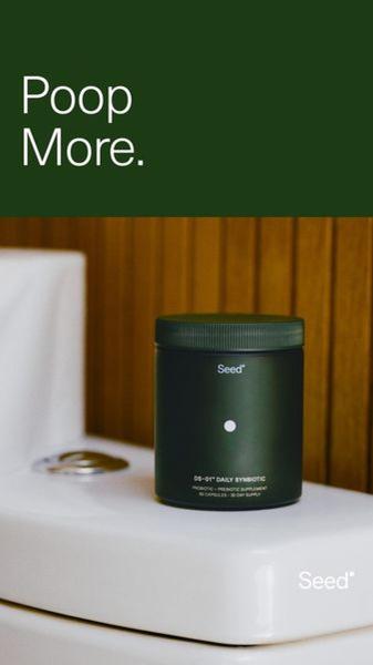 A high-contrast vertical ad featuring a Daily Synbiotic supplement jar placed on a toilet, using a blunt, two-word hook to stop the scroll.